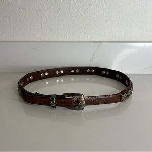 Vintage Brighton Brown Leather Belt Etched Silver Accents USA Made Western